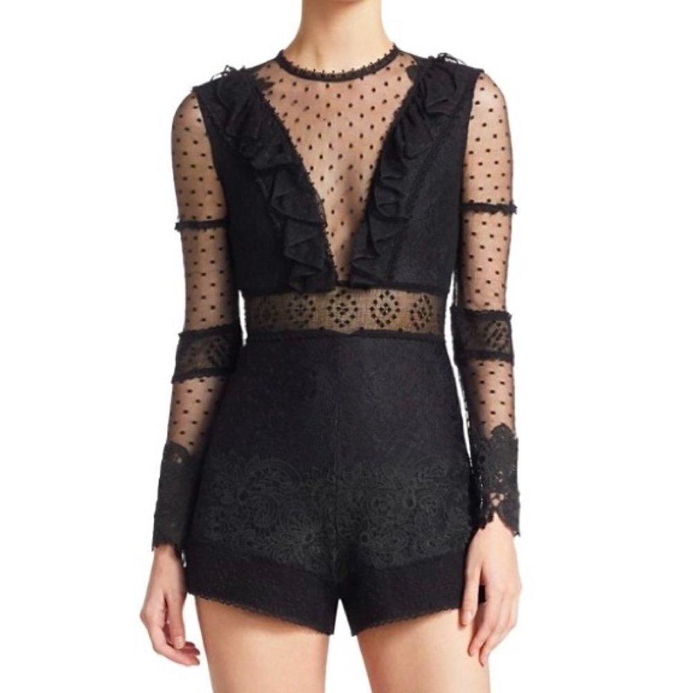 ALEXIS Luisa Lace Paneled Ruffled Long Sleeve Romper Sheer Whismigoth Black XS